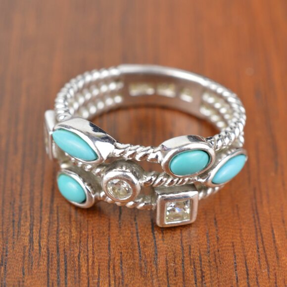 VTG Joseph Esposito ESPO 925 Sterling Silver Turquoise CZ Stacked Band Ring 7.75 - Picture 10 of 11
